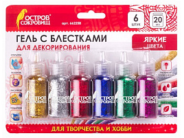 Гель ОСТРОВ СОКРОВИЩ 662258 с блестками, для декора, поделок, DIY, творчества, оформления, 6 ярких цветов по 20 мл, блистер