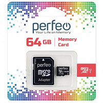 Карта памяти micro SDHC 64Gb Perfeo Class10+адаптер