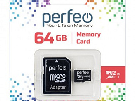 Карта памяти micro SDHC 64Gb Perfeo Class10+адаптер