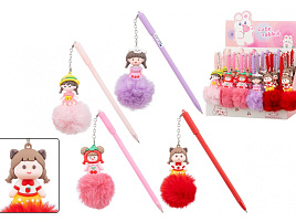 Ручка MC-7378 "ДЕВОЧКА ПУШИСТИК" цветной пластиковый корпус /ассорти/, колпачок со съёмным брелоком /9 см/, цвет чернил -синий.