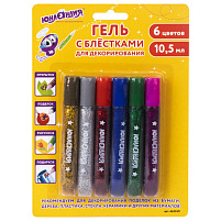 Гель 6 цв. ЮНЛАНДИЯ 662249 с блестками, для декора, поделок, DIY, творчества, оформления, по 10,5 мл, блистер