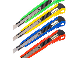 Нож канц. OfficeSpace 262450 9мм усиленный, с фиксатором, металл. направляющие, ассорти, европодвес