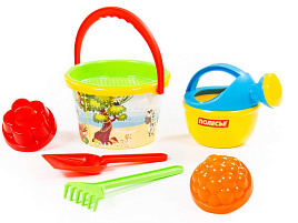 Песочный набор №224 0658 Ведро,ситечко,лопатка,грабли,лейка, 2 формочки
