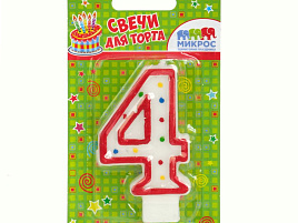Свеча-цифра "4" красн.ассорти 7,5см Ч02516
