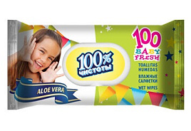 Влажные салфетки Детские 100шт 100% Чистоты Алоэ клапан