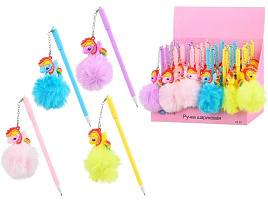 Ручка MC-6989 "ЕДИНОРОГ ПУШИСТИК" цветной пластиковый корпус /ассорти/, колпачок со съёмным брелоком /9 см/, цвет чернил -синий