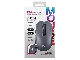 Мышь Defender беспроводная 52104 оптическая Gassa MM-105 серый, 6D, 800-1600dpi