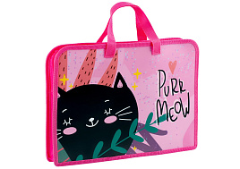 Папка для тетрадей ArtSpace ПТ-14_60142 с ручками А4 "Purr Meow", пластик, на молнии, 40мм