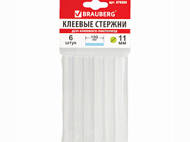 Клеевой стержень BRAUBERG 670293 диаметр 11 мм, длина 100 мм, прозрачные, комплект 6 шт